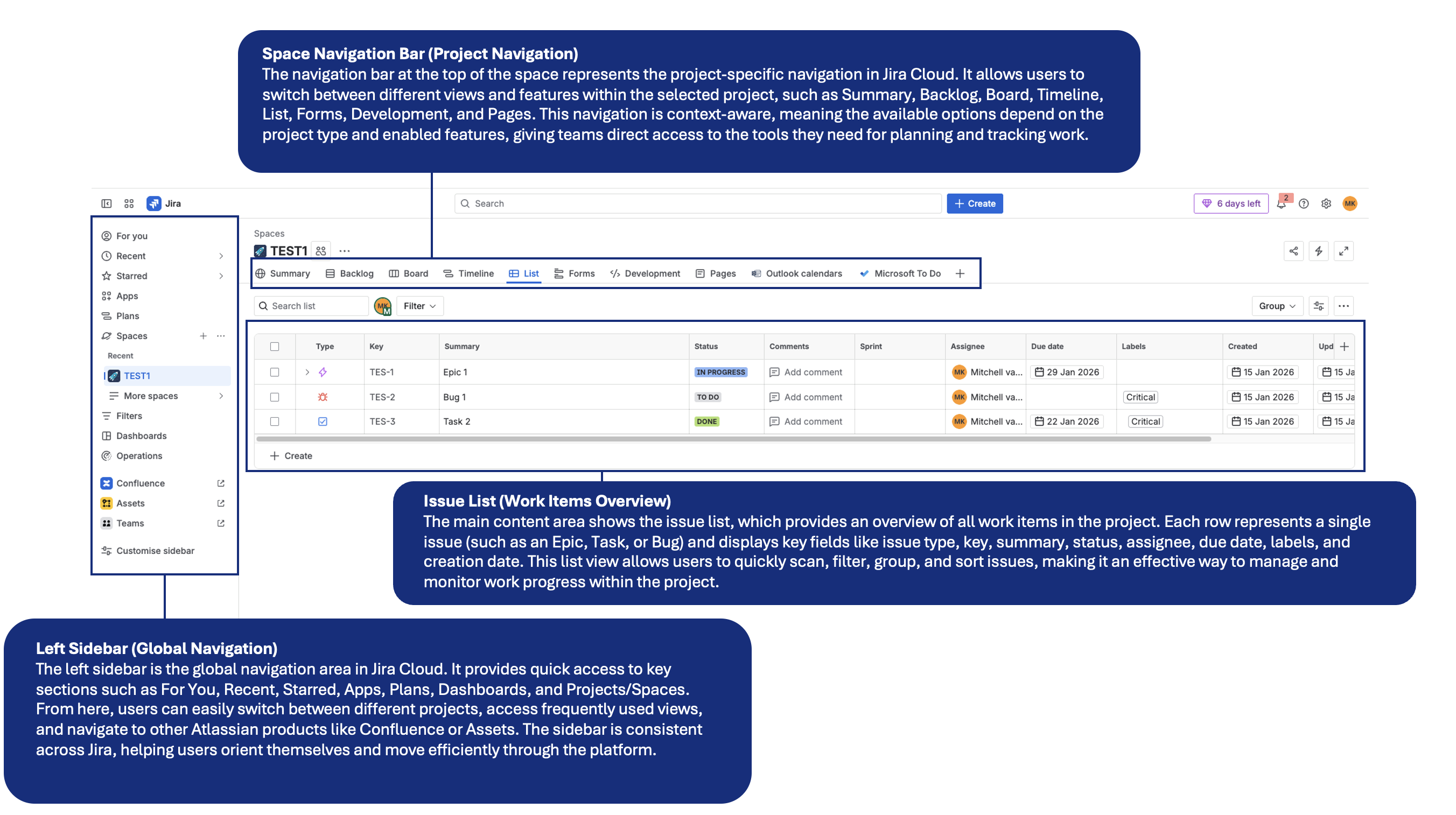 Jira navigation elements